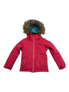 Roxy Girls Bright Pink Faux-Fur Hooded Puffer Jacket with Teal Lining